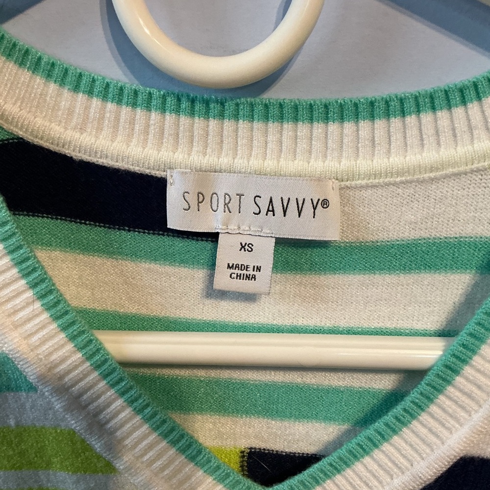 Sport Savvy Short Sleeve Spliced Stripe V-Neck Sweater  XS